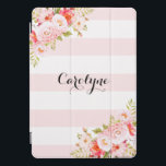 ピンクフェミニンストライプピーニーカスタムのiPadカバー iPad Proカバー<br><div class="desc">とiPadフェミニンプロのカバーはピンクの牡丹のイラスト、花や葉を特集。このピンクの植物性iPadのプロのカバーはギフトとして完璧パーソナライズされたである。</div>