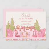ピンクフェミニンパステル茶パーティーの赤ちゃんシャワー 招待状 (正面/裏面)