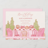 ピンクフェミニンパステル茶パーティー 招待状 (正面/裏面)