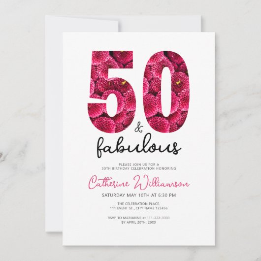 ピンクフェミニンフローラ50と素晴らしい誕生日 招待状 (正面)