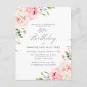 ピンクフェミニンフローラ50誕生日サプライズパーティー インビテーションポストカード (正面)