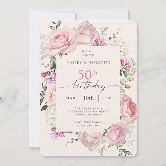 ピンクフェミニンフローラ50th誕生日パーティー 招待状 (正面)