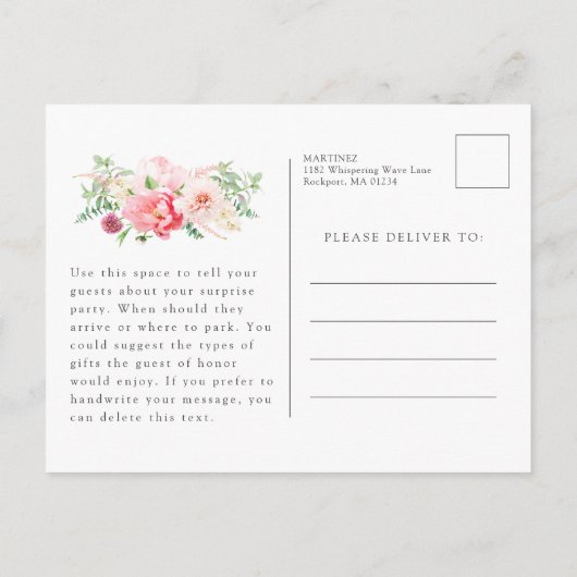 ピンクフェミニンフローラ80番目の誕生日サプライズパーティー インビテーションポストカード (裏面)