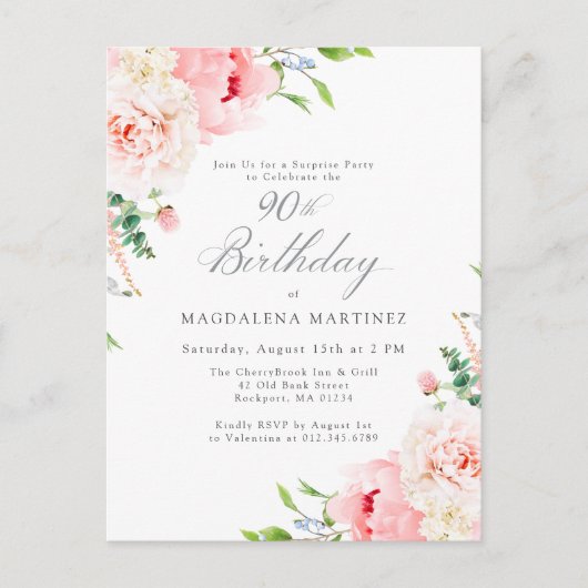 ピンクフェミニンフローラ90誕生日サプライズパーティー インビテーションポストカード (正面)