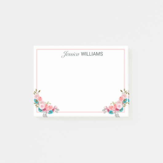ピンクフェミニンブルーローズブーケ水彩 ポストイット (正面)