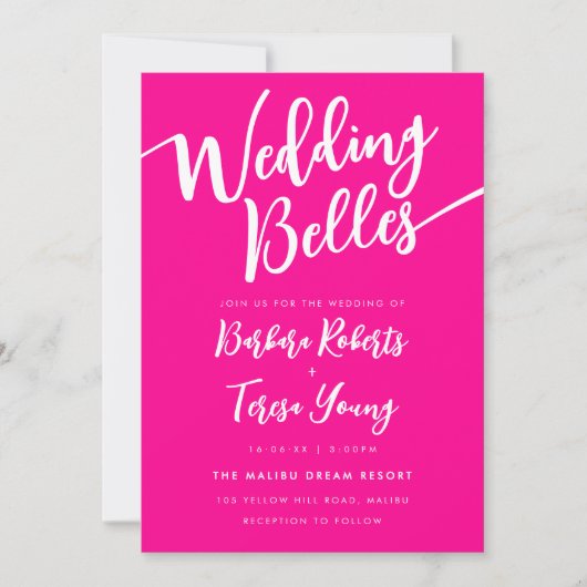 ピンクフェミニンホワイトベルLesbianスクリプ結婚ト 招待状 (正面)