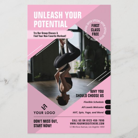 ピンクフェミニンヨガスタジオトレーナーマーケティング写真 チラシ (正面)