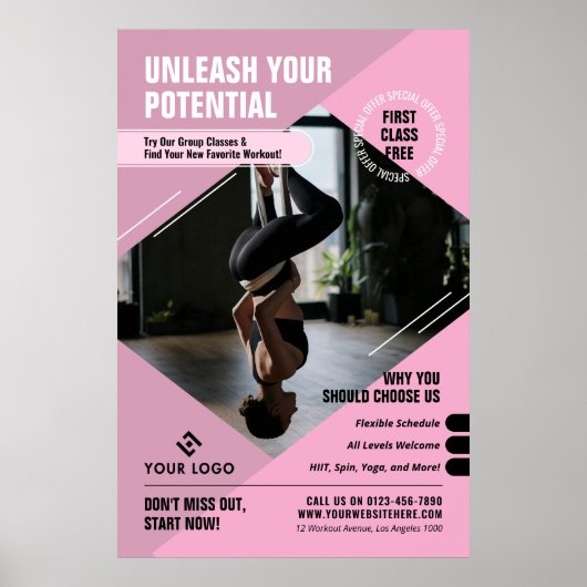 ピンクフェミニンヨガスタジオロゴマーケティングフィットネス ポスター (正面)