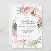 ピンクフェミニンローズフローラ100thバースデーパーティー 招待状 (正面)
