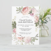 ピンクフェミニンローズフローラ100thバースデーパーティー 招待状 (スタンド正面)