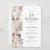 ピンクフェミニンローズフローラ21歳の誕生日パーティー 招待状 (正面)