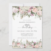 ピンクフェミニンローズフローラ40歳の誕生日パーティー 招待状 (正面)