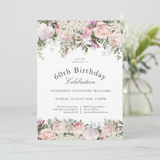 ピンクフェミニンローズフローラ60thバースデーパーティー 招待状 (スタンド正面)