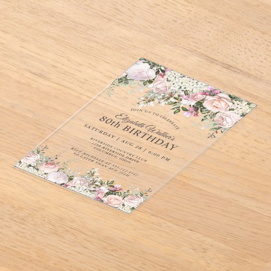 ピンクフェミニンローズフローラ80thバースデーパーティー アクリル招待状 (レイダウン)