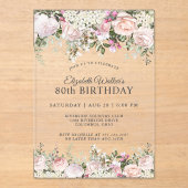 ピンクフェミニンローズフローラ80thバースデーパーティー アクリル招待状 (正面)