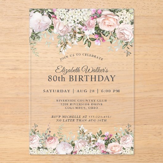 ピンクフェミニンローズフローラ80thバースデーパーティー アクリル招待状 (正面)
