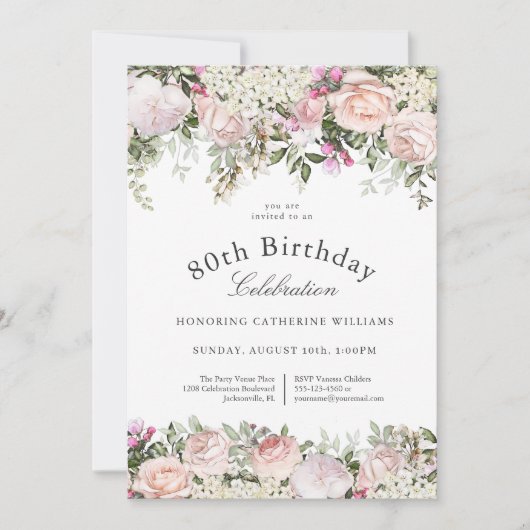 ピンクフェミニンローズフローラ80thバースデーパーティー 招待状 (正面)