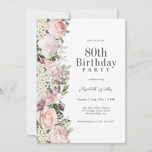 ピンクフェミニンローズフローラ80thバースデーパーティー 招待状 (正面)