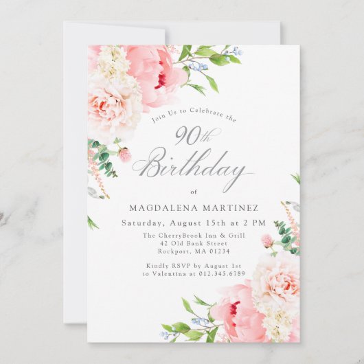 ピンクフェミニンローズフローラ90thバースデーパーティー 招待状 (正面)