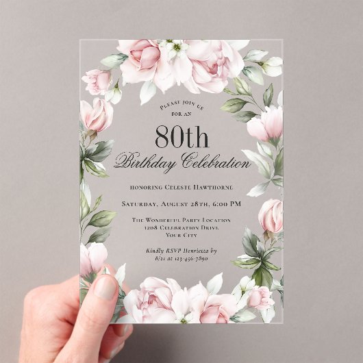 ピンクフェミニンローズ80thバースデーパーティー アクリル招待状 (インサイチュ (ポータブル))