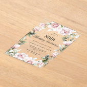 ピンクフェミニンローズ80thバースデーパーティー アクリル招待状 (レイダウン)