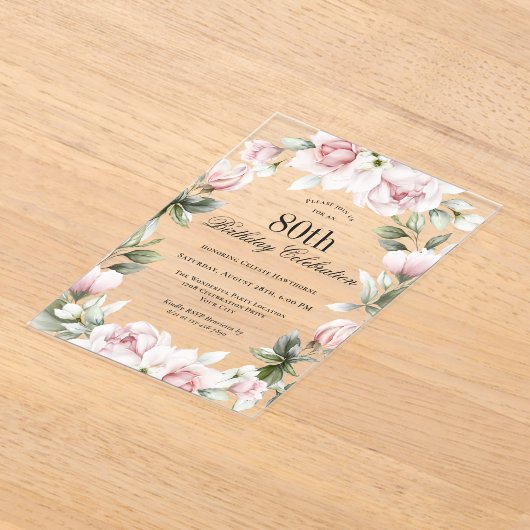 ピンクフェミニンローズ80thバースデーパーティー アクリル招待状 (レイダウン)