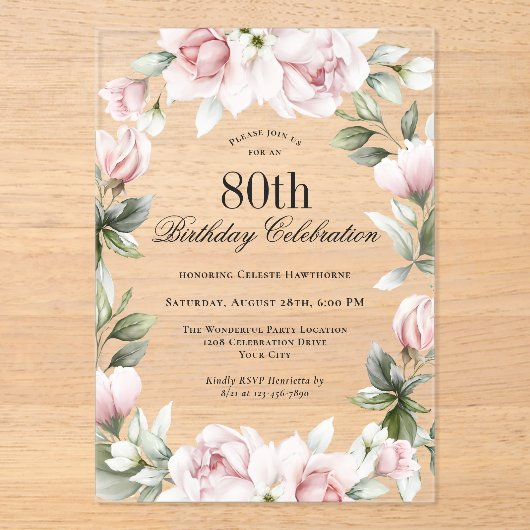 ピンクフェミニンローズ80thバースデーパーティー アクリル招待状 (正面)