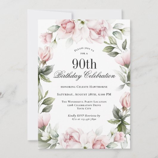 ピンクフェミニンローズ90thバースデーパーティー 招待状 (正面)