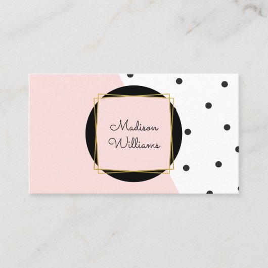 ピンクフェミニン色ブロックと水玉模様パターン 名刺 (正面)