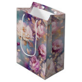 ピンクフェミニン金ゴールドと白フローラ ミディアムペーパーバッグ (正面アングル)