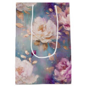 ピンクフェミニン金ゴールドと白フローラ ミディアムペーパーバッグ (裏面)