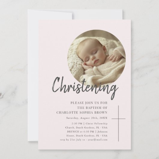 ピンクフェミニン《キリスト教》洗礼式や命名式ガーリーベビー写真バプテスマ 招待状 (正面)