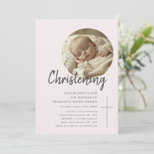 ピンクフェミニン《キリスト教》洗礼式や命名式ガーリーベビー写真バプテスマ 招待状 (スタンド正面)