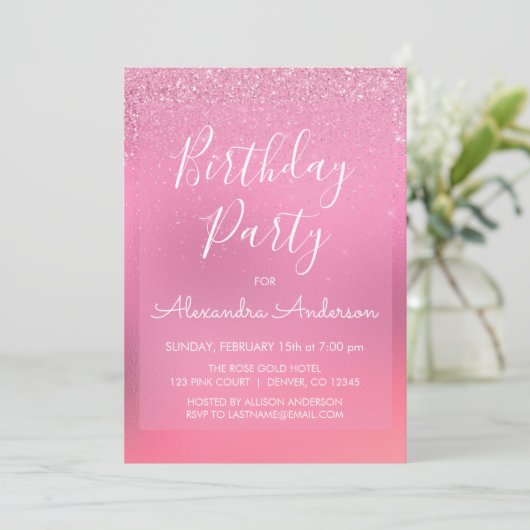 ピンクフォイルガーリーグリッタースパークルエイジ誕生日 招待状 (スタンド正面)
