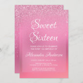 ピンクフォイルガーリーグリッタースパークルスウィート16誕生日 招待状 (正面/裏面)