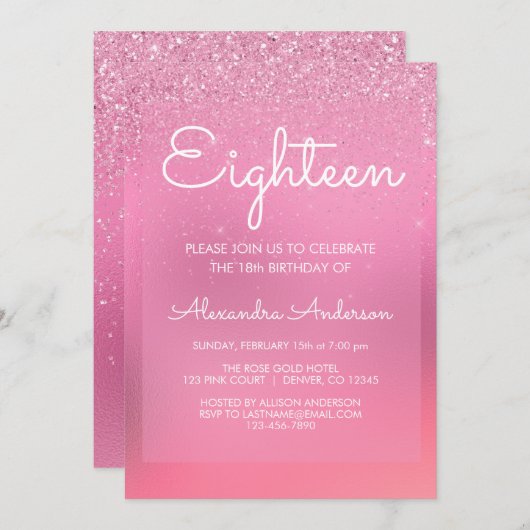 ピンクフォイルガーリーグリッタースパークル18誕生日 招待状 (正面/裏面)