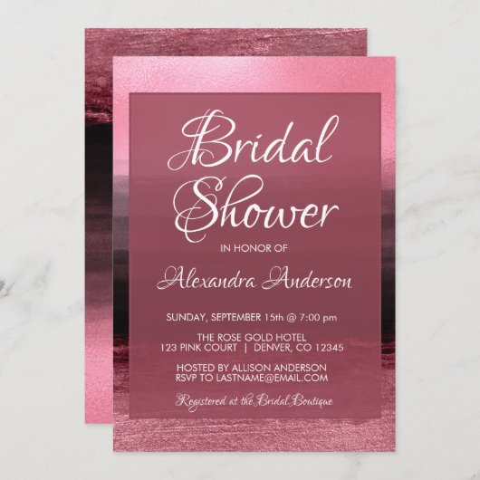 ピンクフォイルガーリース絵を描ストロークブライダルシャワー 招待状 (正面/裏面)