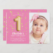 ピンクフォイルバルーンフォト1st誕生日招待状 招待状 (正面/裏面)