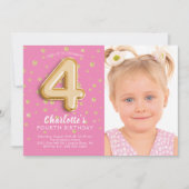 ピンクフォイルバルーンフォト4th誕生日招待状 招待状 (正面)