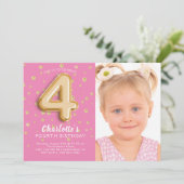 ピンクフォイルバルーンフォト4th誕生日招待状 招待状 (スタンド正面)