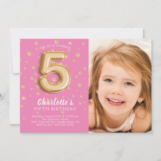 ピンクフォイルバルーンフォト5th誕生日招待状 招待状 (正面)
