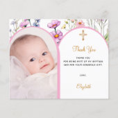 ピンクフォトアーチフローラガールバプテスマサンキューカード (正面)