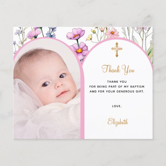 ピンクフォトアーチフローラガールバプテスマサンキューカード (正面)