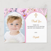 ピンクフォトアーチフローラガールバプテスマサンキューカード (正面)