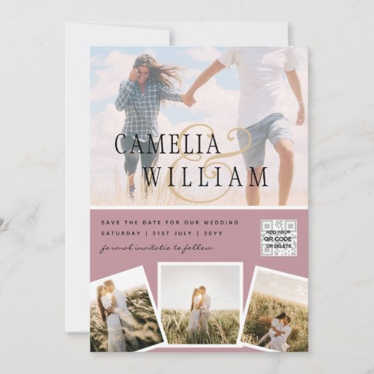 ピンクフォトウェディングQRコード救日付 招待状 (正面)