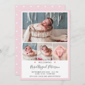ピンクフォトウェルカムベビー統計ガール生まれたばかりの誕生 案内状 (正面/裏面)