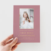 ピンクフォトガールファースト聖餐式金ゴールド 箔招待状