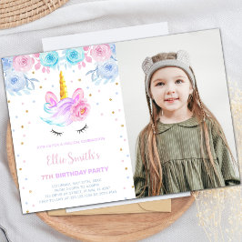 ピンクフォトグリーンフローラユニコーン招待状 招待状