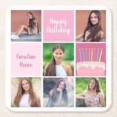 ピンクフォトコラージュカスタム女子バースデーパーティー スクエアペーパーコースター (正面)