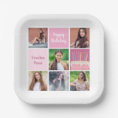 ピンクフォトコラージュカスタム女子バースデーパーティー ペーパープレート (正面)